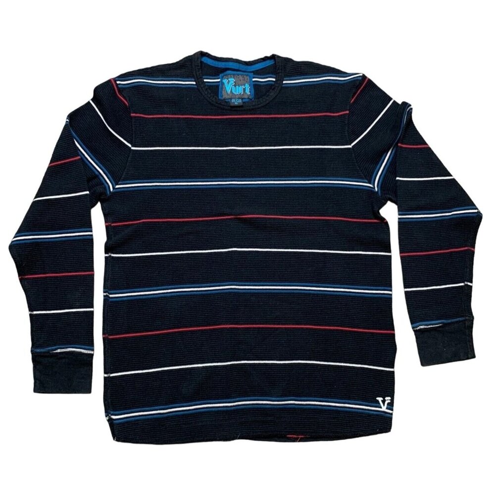 VURT Mens Black Striped Long Sleeve Pullover Knit Sweater Crew Neck Size XL